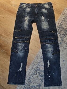 Ubuntu Revolution Blue Mens Distressed Jeans Slim Fit Size 36x32 Causal Comfort